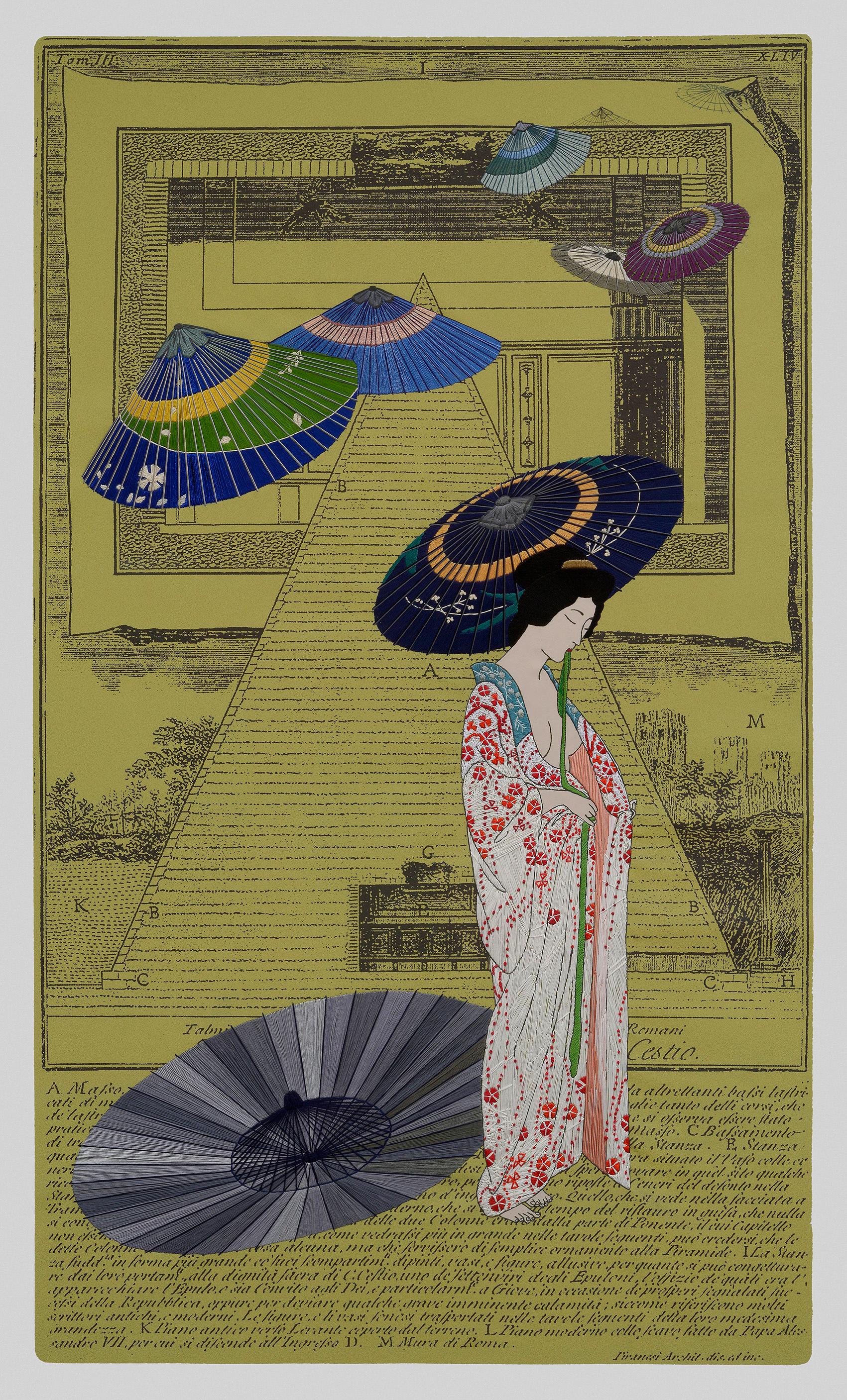 Geisha V, Hand Embroidery on printed cloth. From "Piranesi" series - Art by Ana Seggiaro