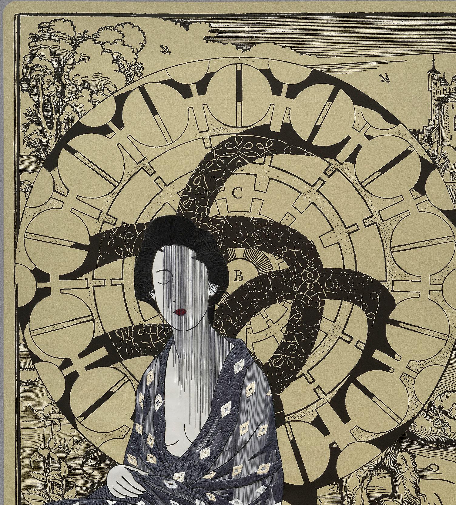 Geisha VI, Hand Embroidery on printed cloth. From Piranesi series - Contemporary Mixed Media Art by Ana Seggiaro