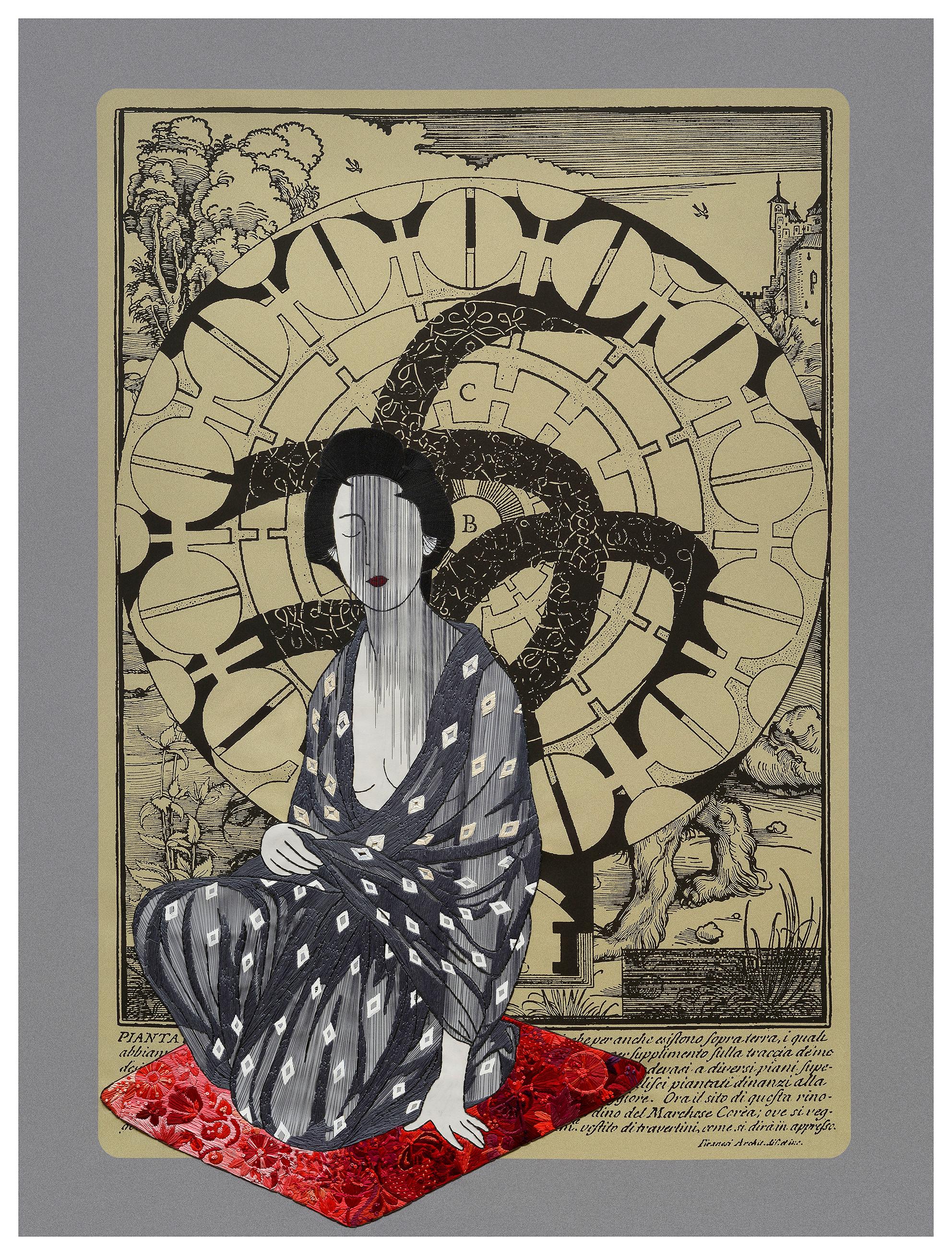 Geisha VI, Hand Embroidery on printed cloth. From Piranesi series - Mixed Media Art by Ana Seggiaro