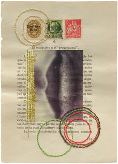 Set of 3 unique embroidery artworks on printed paper from the Books series