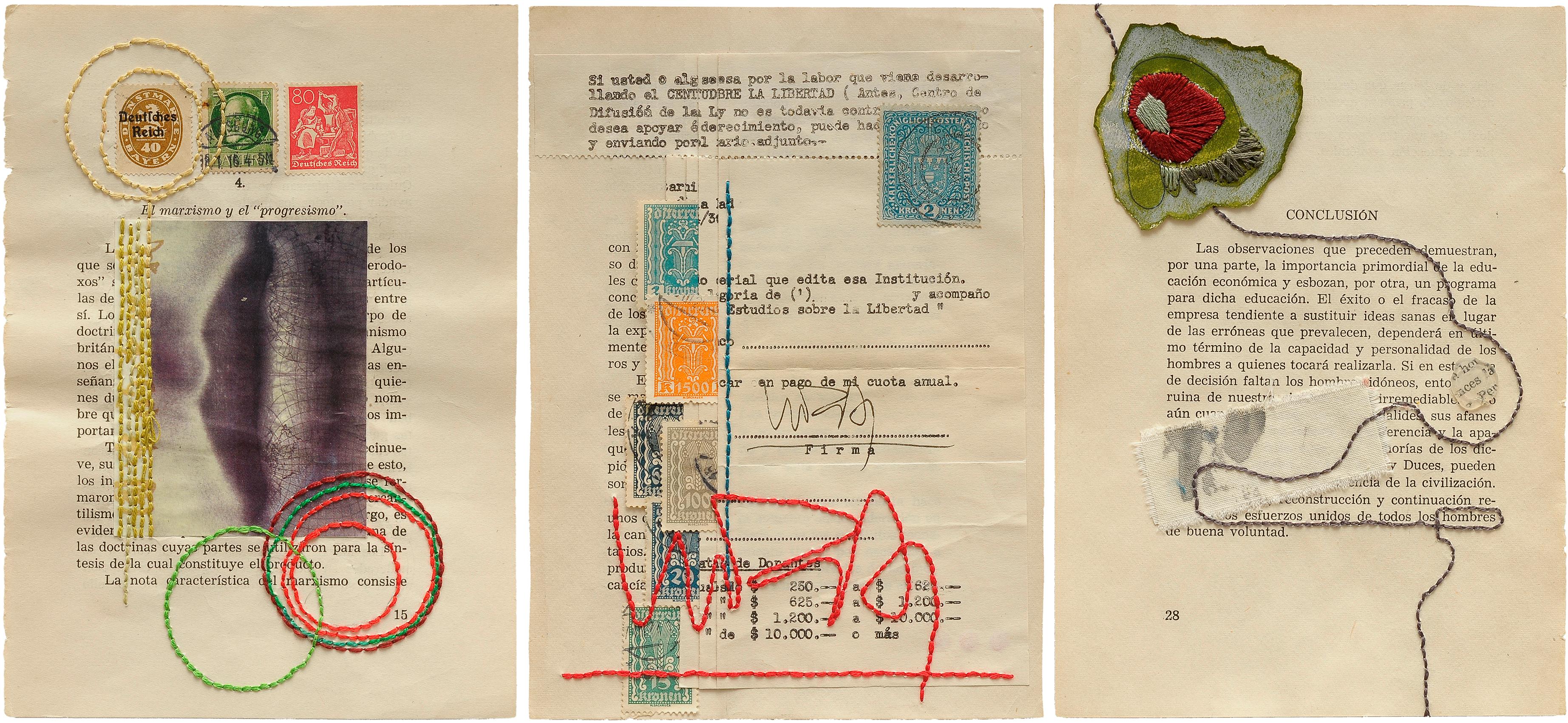 Set von 3 einzigartigen Stickerei-Kunstwerken auf gedrucktem Papier aus der Bücherserie – Mixed Media Art von Ana Seggiaro