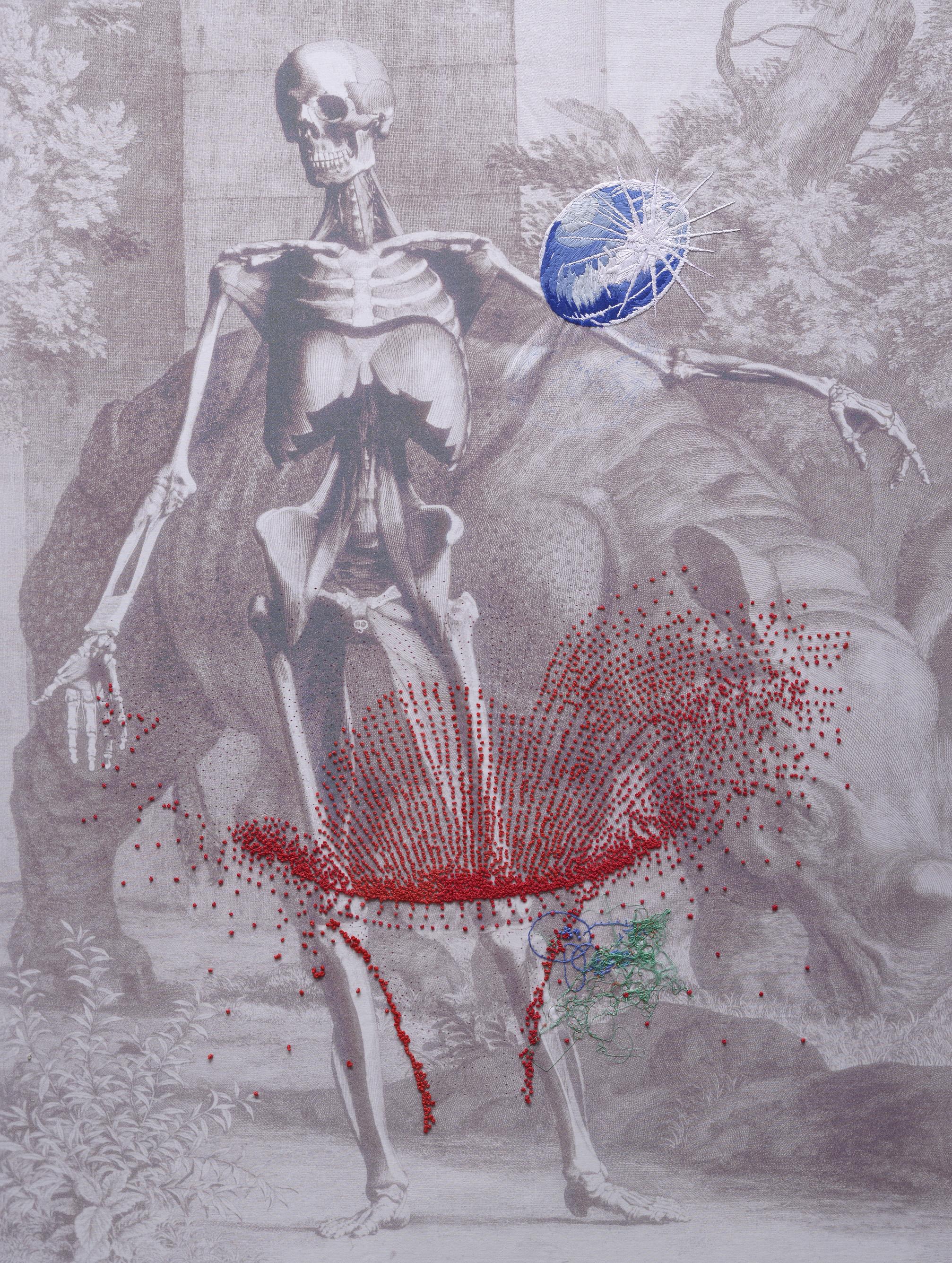 Unbetitelt. Stickerei auf bedrucktem Tuch-Kunstwerk. Aus der Anatomieserie  – Art von Ana Seggiaro