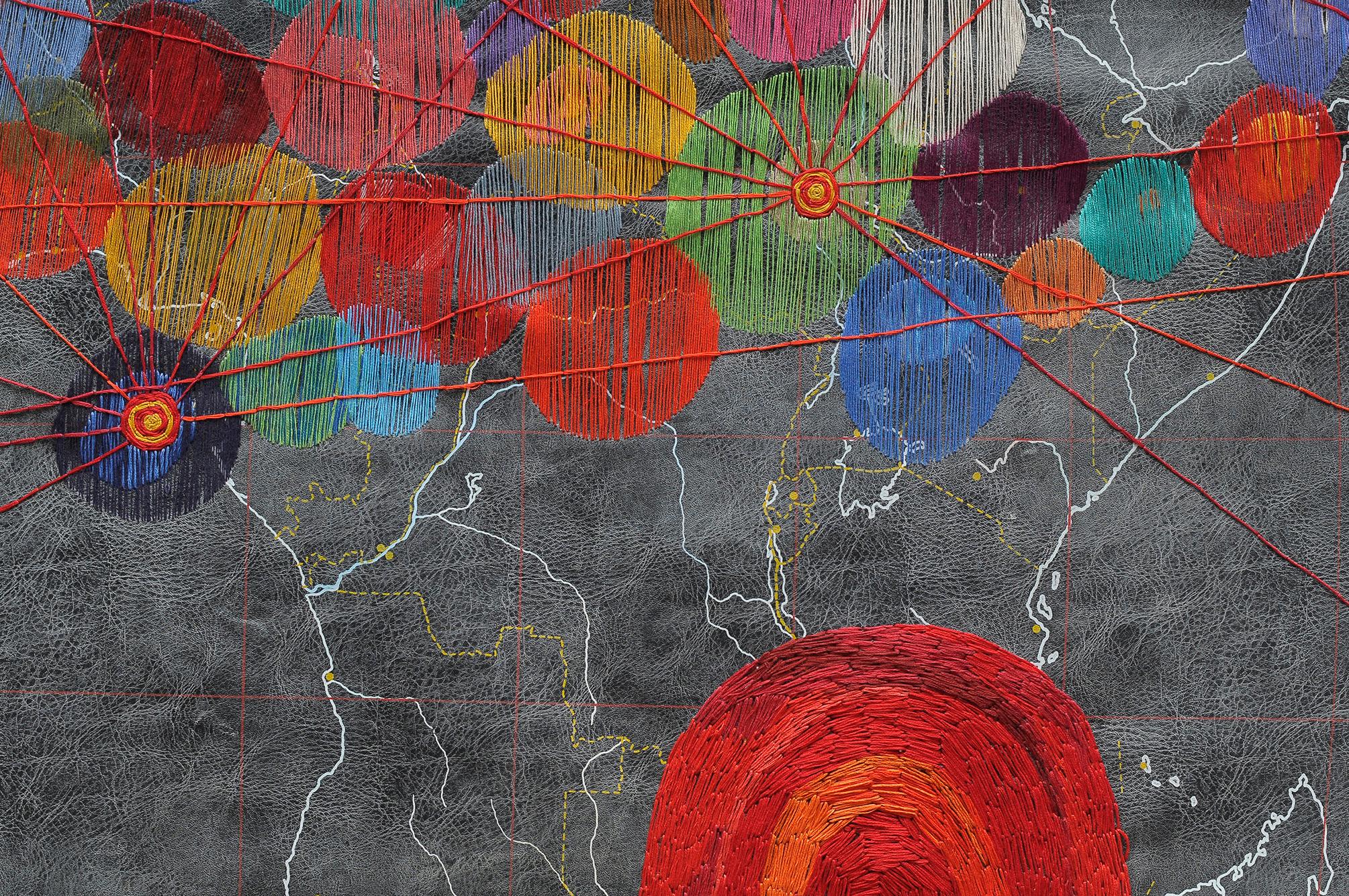 África. Bordado a mano en mapa. De la serie Cartografías - Mixed Media Art Contemporáneo de Ana Seggiaro