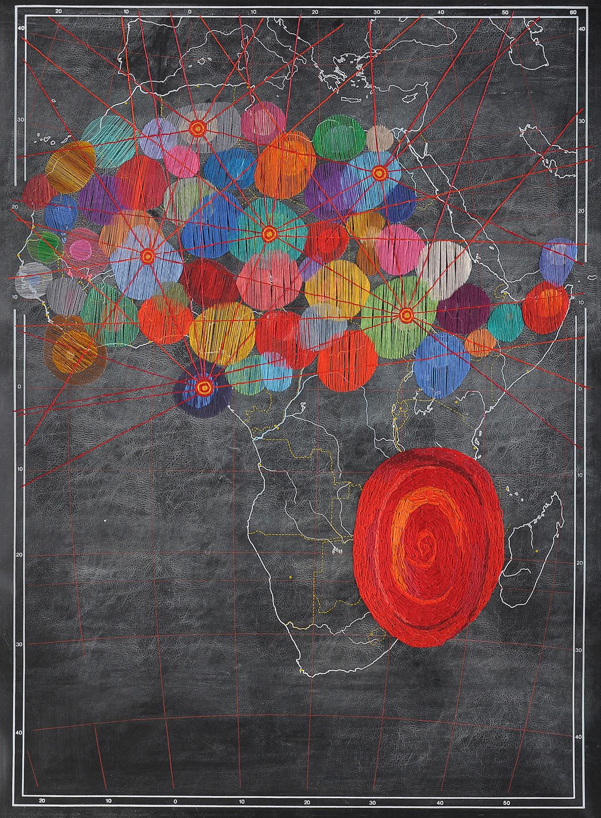África. Bordado a mano en mapa. De la serie Cartografías - Mixed Media Art de Ana Seggiaro
