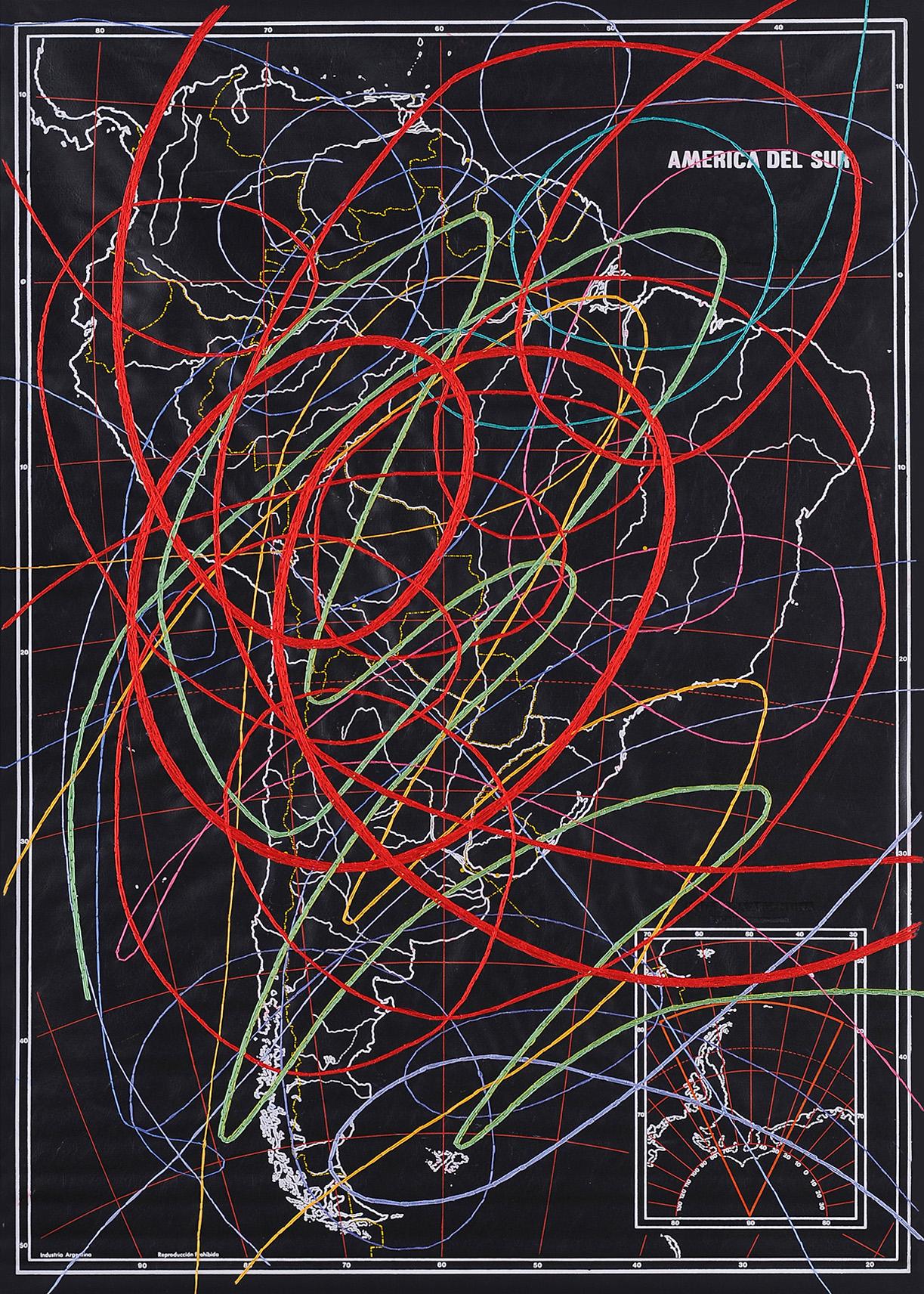 América del Sur. Bordado a mano en mapa. De la serie Cartografías - Mixed Media Art de Ana Seggiaro