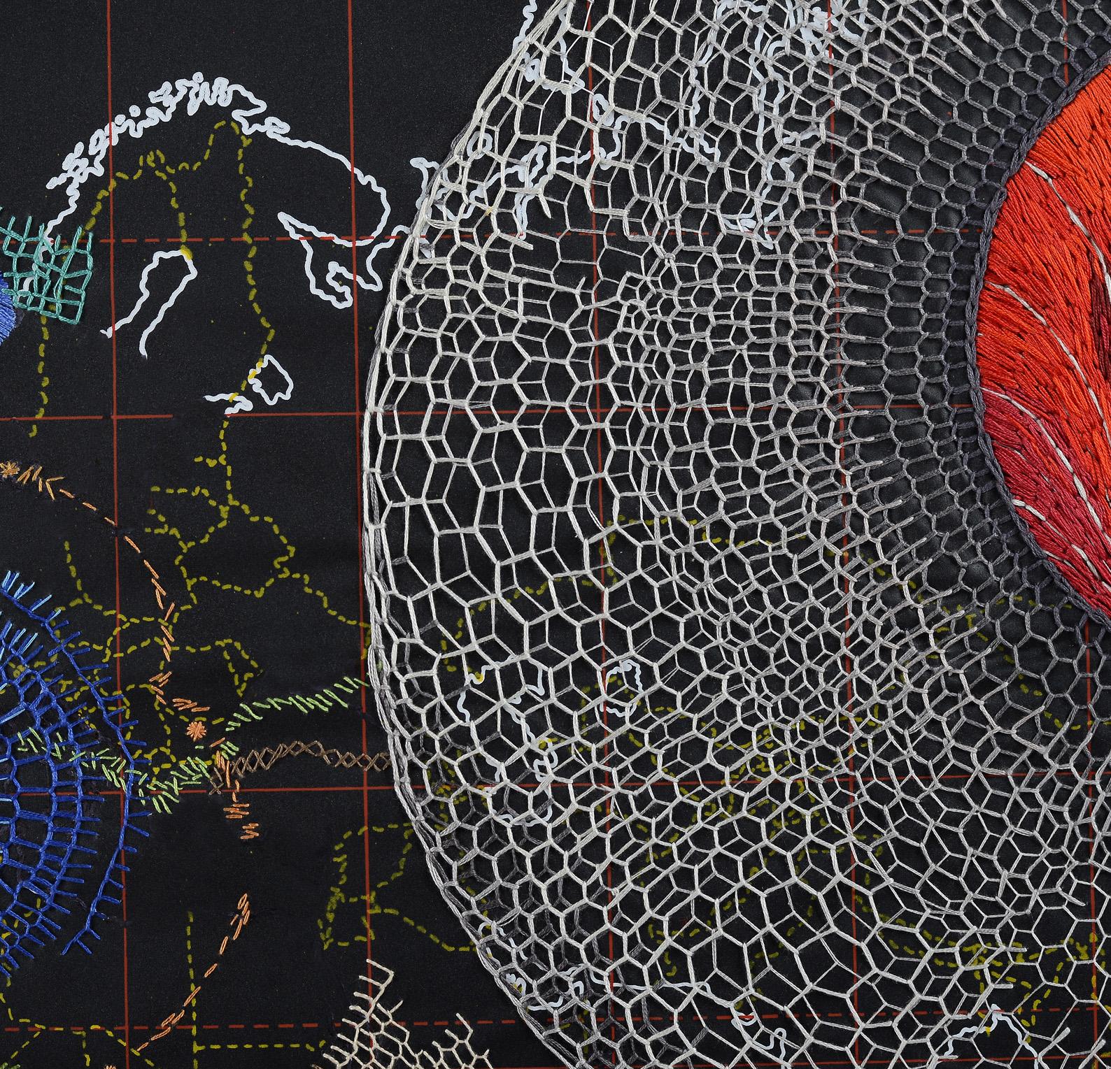 Unbetitelt. Kartenstickerei auf Leinwand, aus der Serie Cartographien (Zeitgenössisch), Art, von Ana Seggiaro