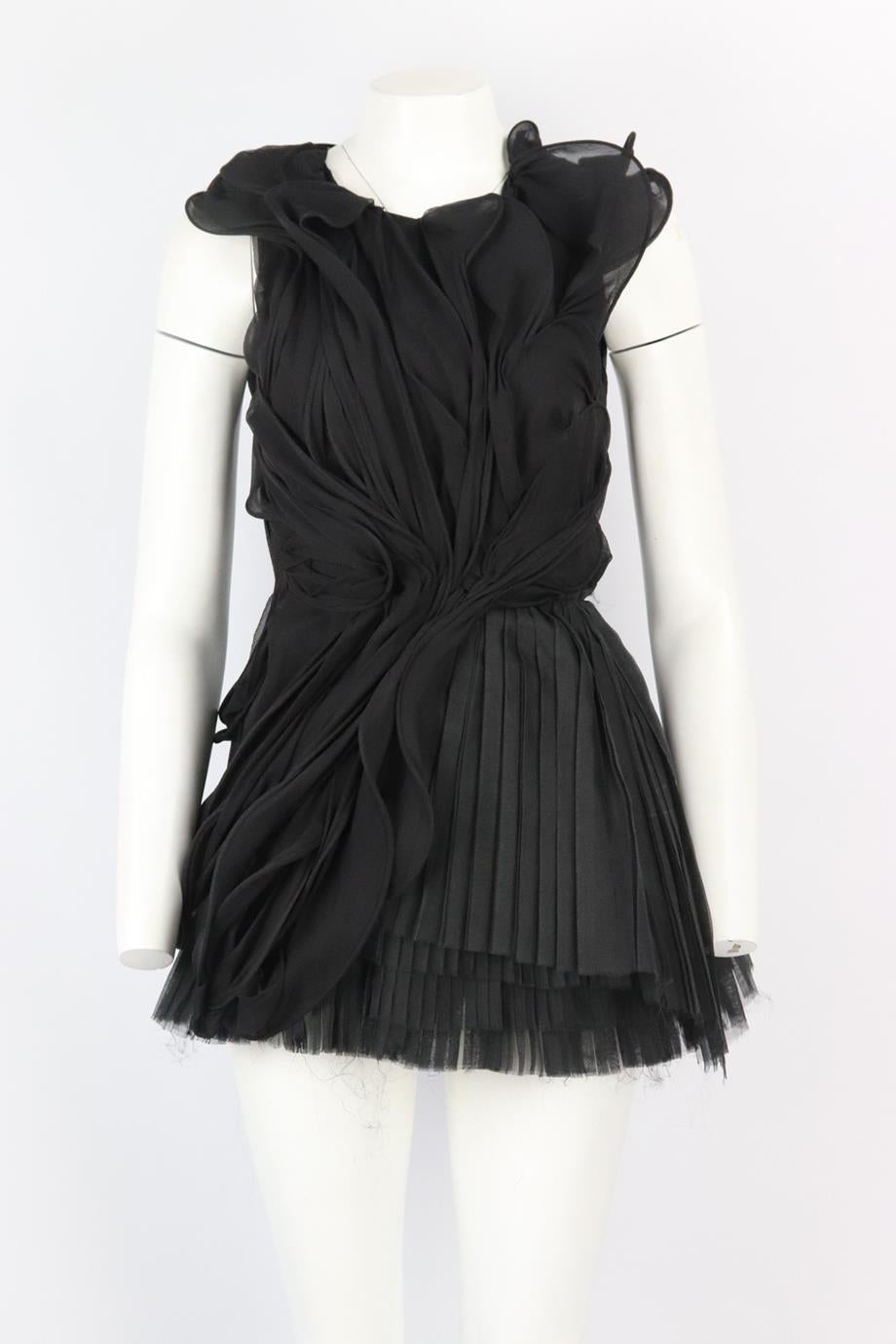 Ana Sekularac ruffled silk mini dress. Black. Sleeveless, crewneck. Zip fastening at back. 100% Silk. Size: UK 8 (US 4, FR 36, IT 40). Bust: 32 in. Waist: 26 in. Hips: 40 in. Length: 28.5 in. Very good condition - No sign of wear; see pictures.