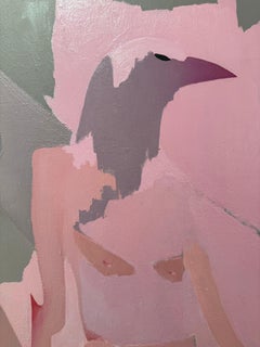 Pittura figurativa surreale contemporanea a olio nei toni del rosa con una donna-corvo