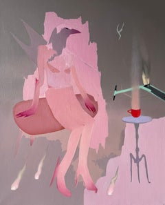 Contemporary Surreal Figurative Oil Painting in Pink Tones with Female Raven