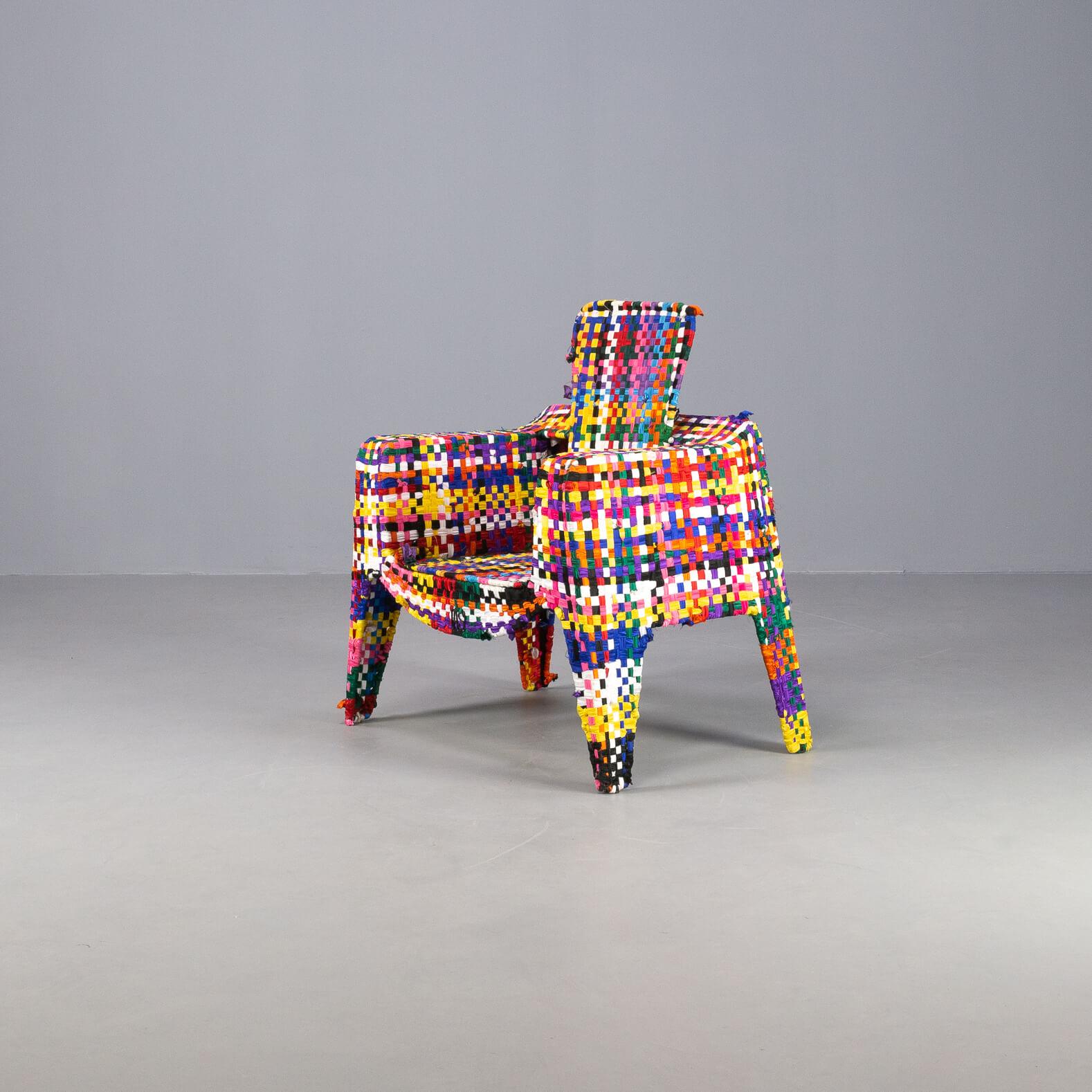 Modern Anacleto Spazzapan Handmade Metal and ‘Multicolor’ Fabric Armchair For Sale