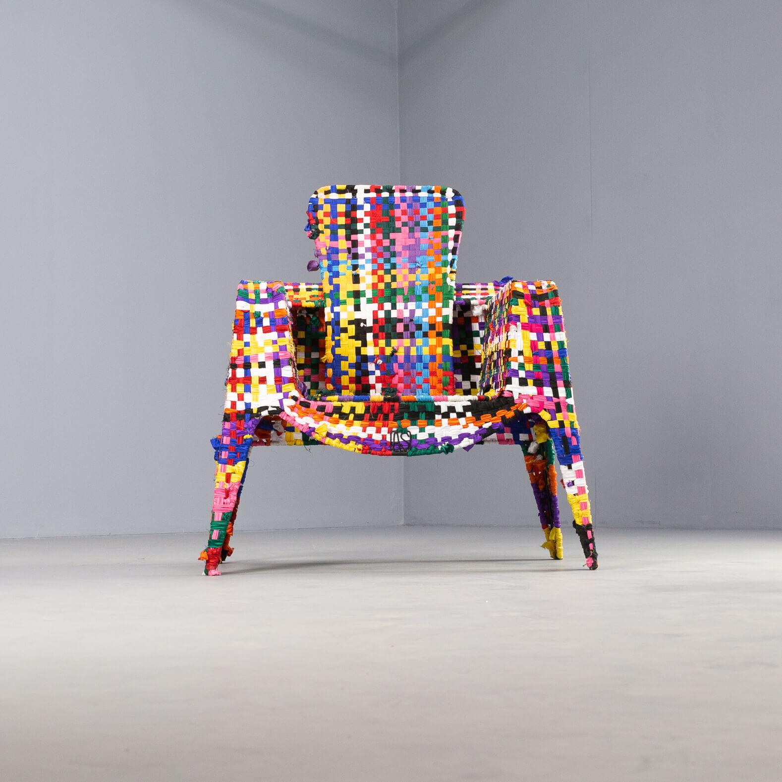 Anacleto Spazzapan Handmade Metal and ‘Multicolor’ Fabric Armchair For Sale 2