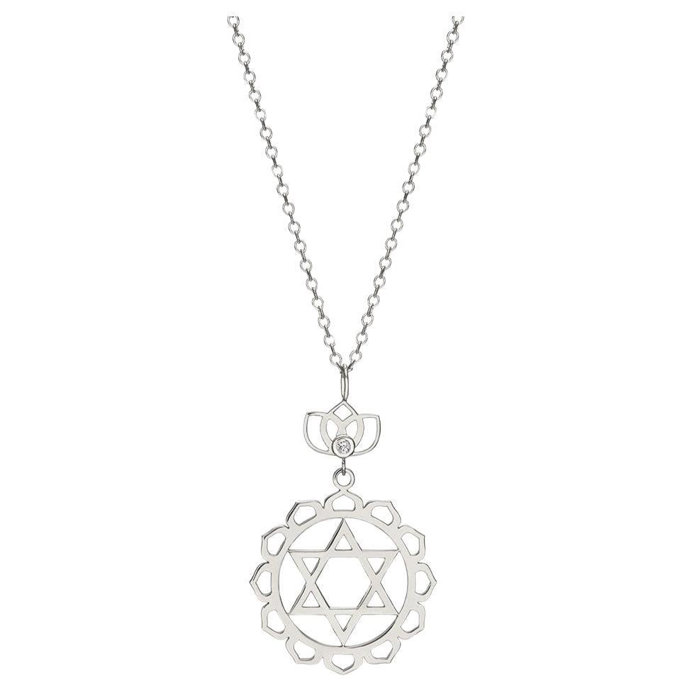 Anahata Heart Yoga Chakra Necklace with Lotus Flower & Diamond 14Kt White Gold