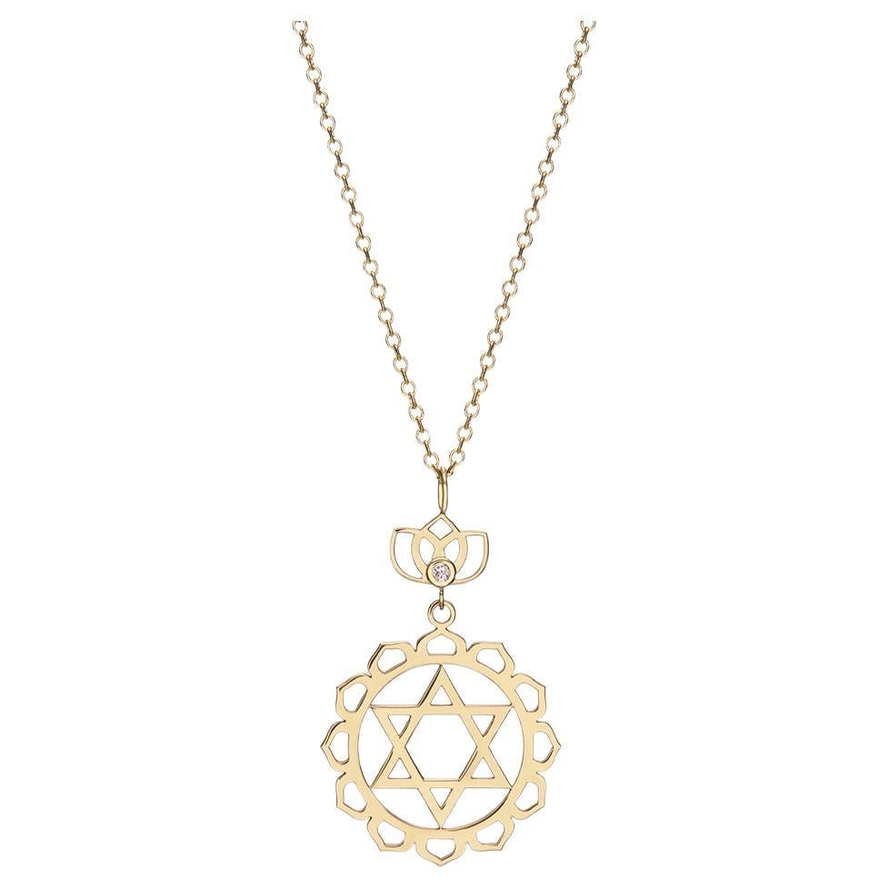 Anahata Heart Yoga Chakra Necklace with Lotus Flower & Round Diamond 14Kt Gold