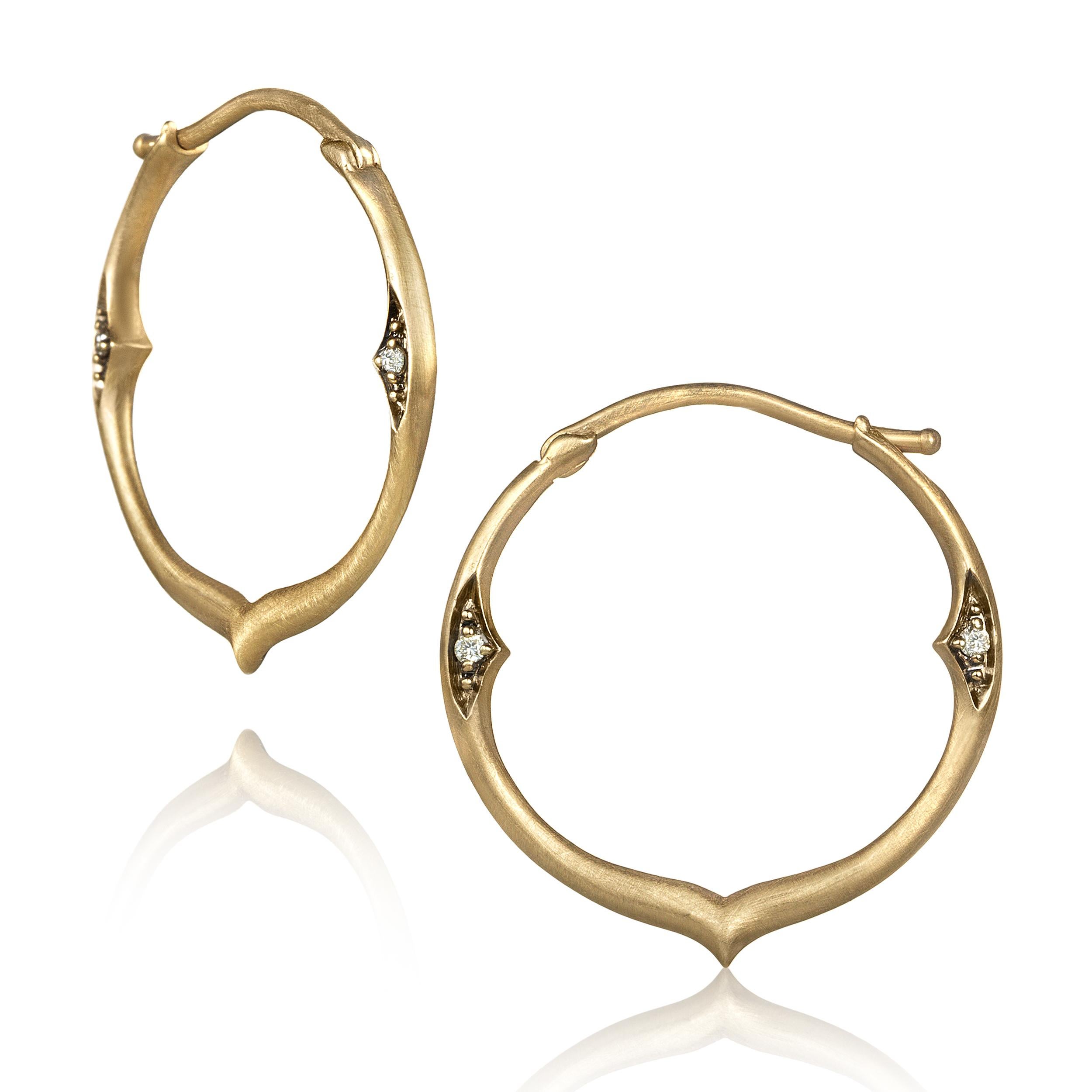 Petite Boho Hoop Earrings handcrafted by jewelry artist Anahita in matte-finished 18k yellow gold with champagne diamond accents and a lever-back closure. Stamped and Hallmarked. 18mm diameter.