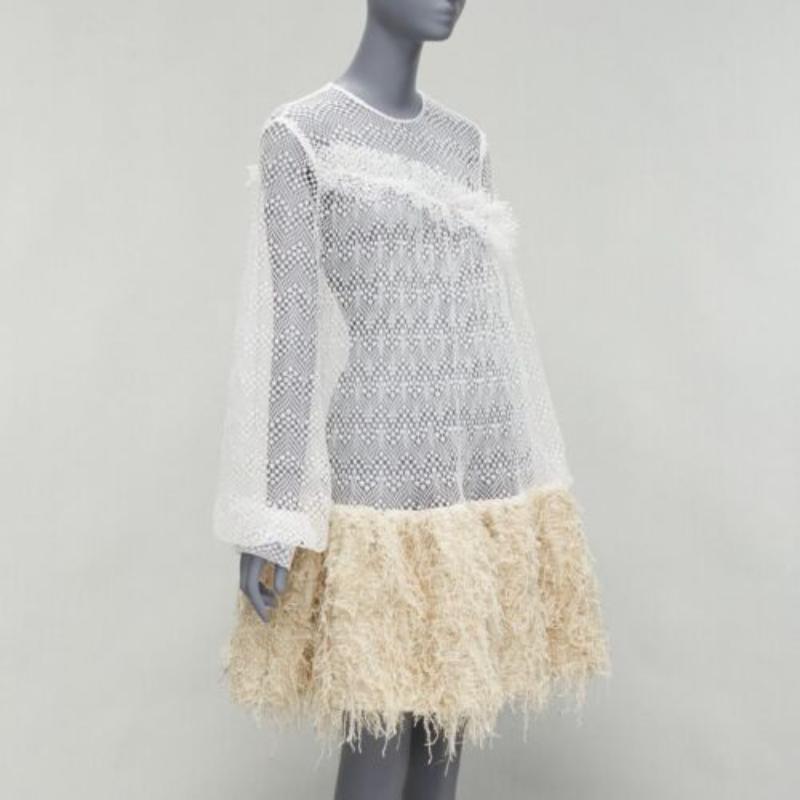Gris ANAIS JOURDEN 2018 Runway robe jupe à franges en filet blanc beige FR38 M en vente