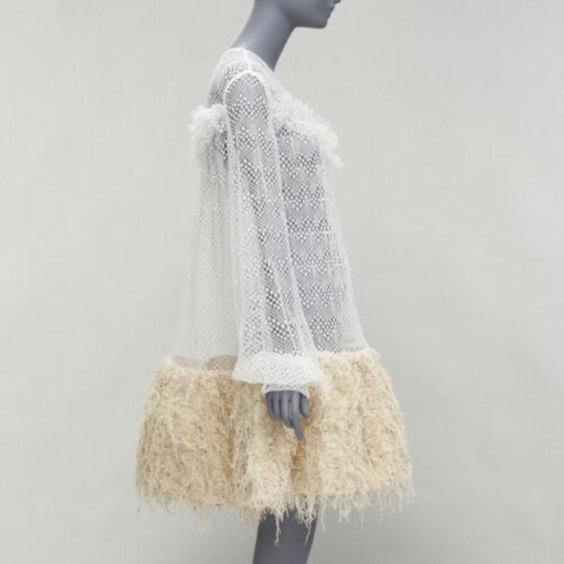 ANAIS JOURDEN 2018 Runway robe jupe à franges en filet blanc beige FR38 M Excellent état - En vente à Hong Kong, NT
