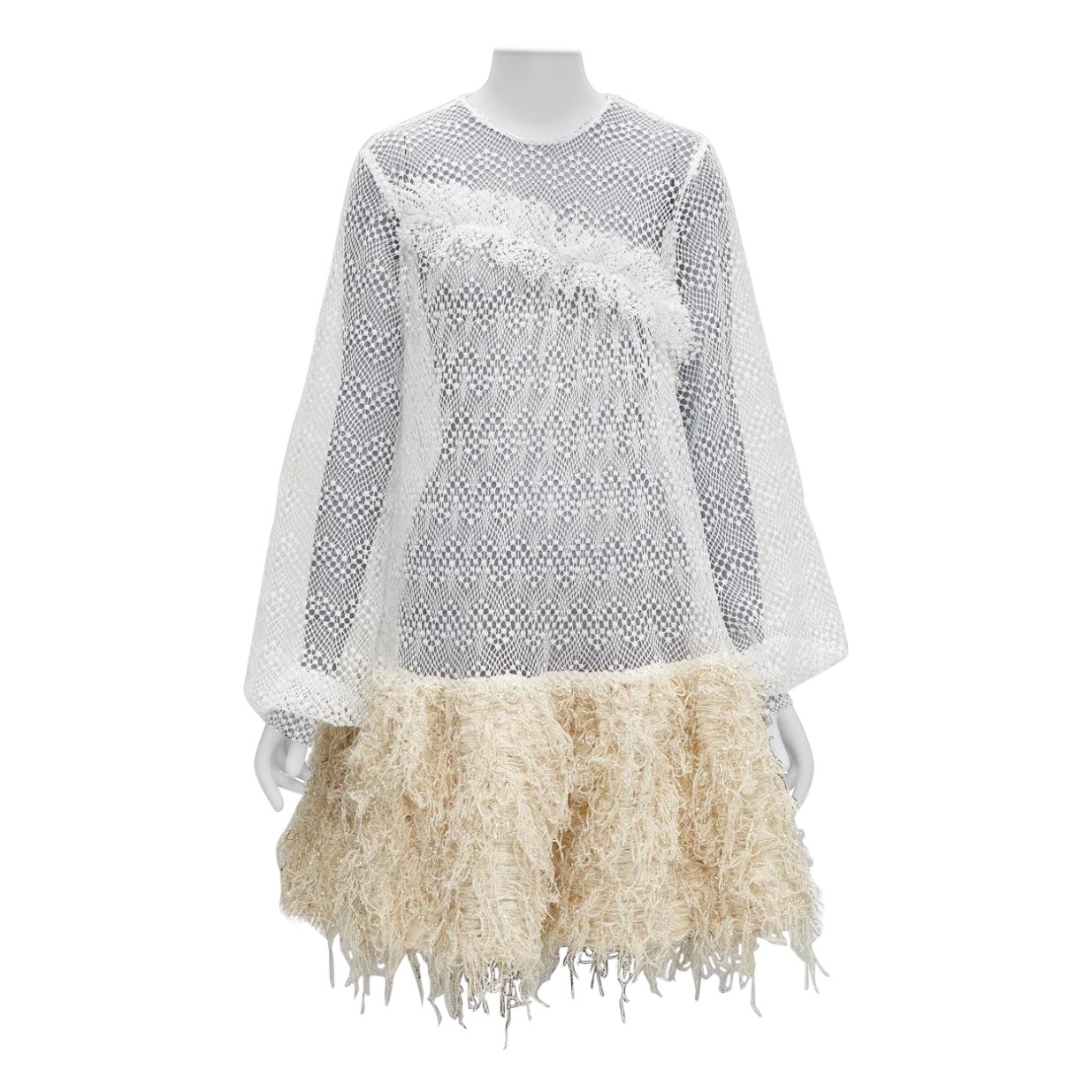ANAIS JOURDEN 2018 Runway white net beige fringe skirt dress FR38 M