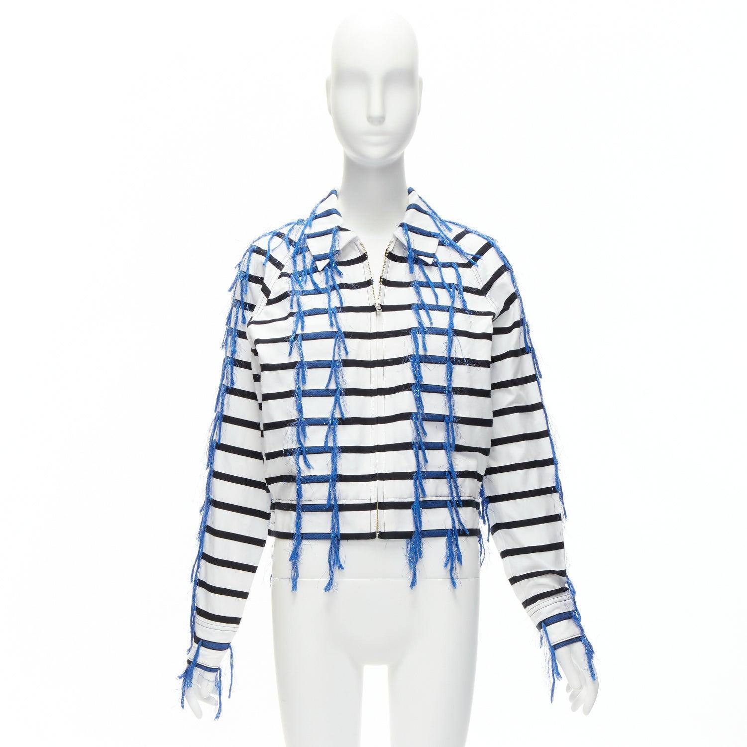 ANAIS JOURDEN blue white black striped tassel trim raglan cropped jacket FR36 S For Sale 5