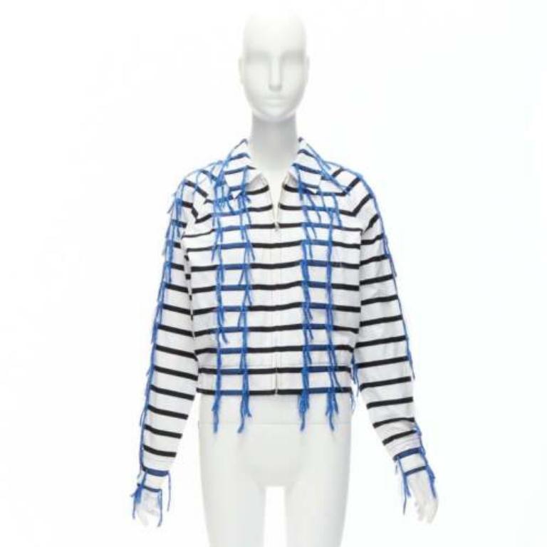 ANAIS JOURDEN giacca cropped raglan a righe blu bianche nere con nappe FR36 S in vendita 5