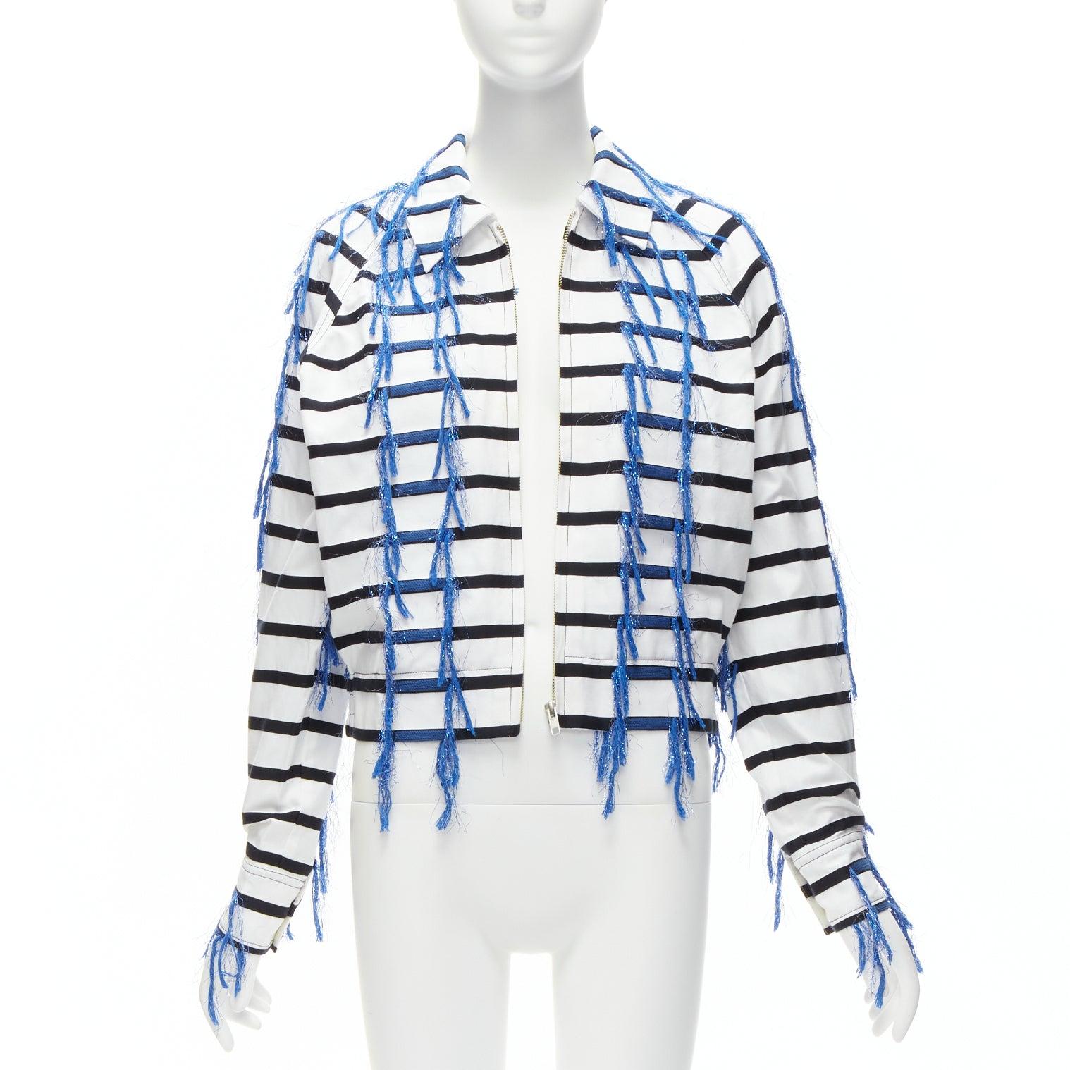 Gray ANAIS JOURDEN blue white black striped tassel trim raglan cropped jacket FR36 S For Sale