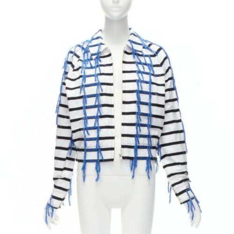 Grigio ANAIS JOURDEN giacca cropped raglan a righe blu bianche nere con nappe FR36 S in vendita