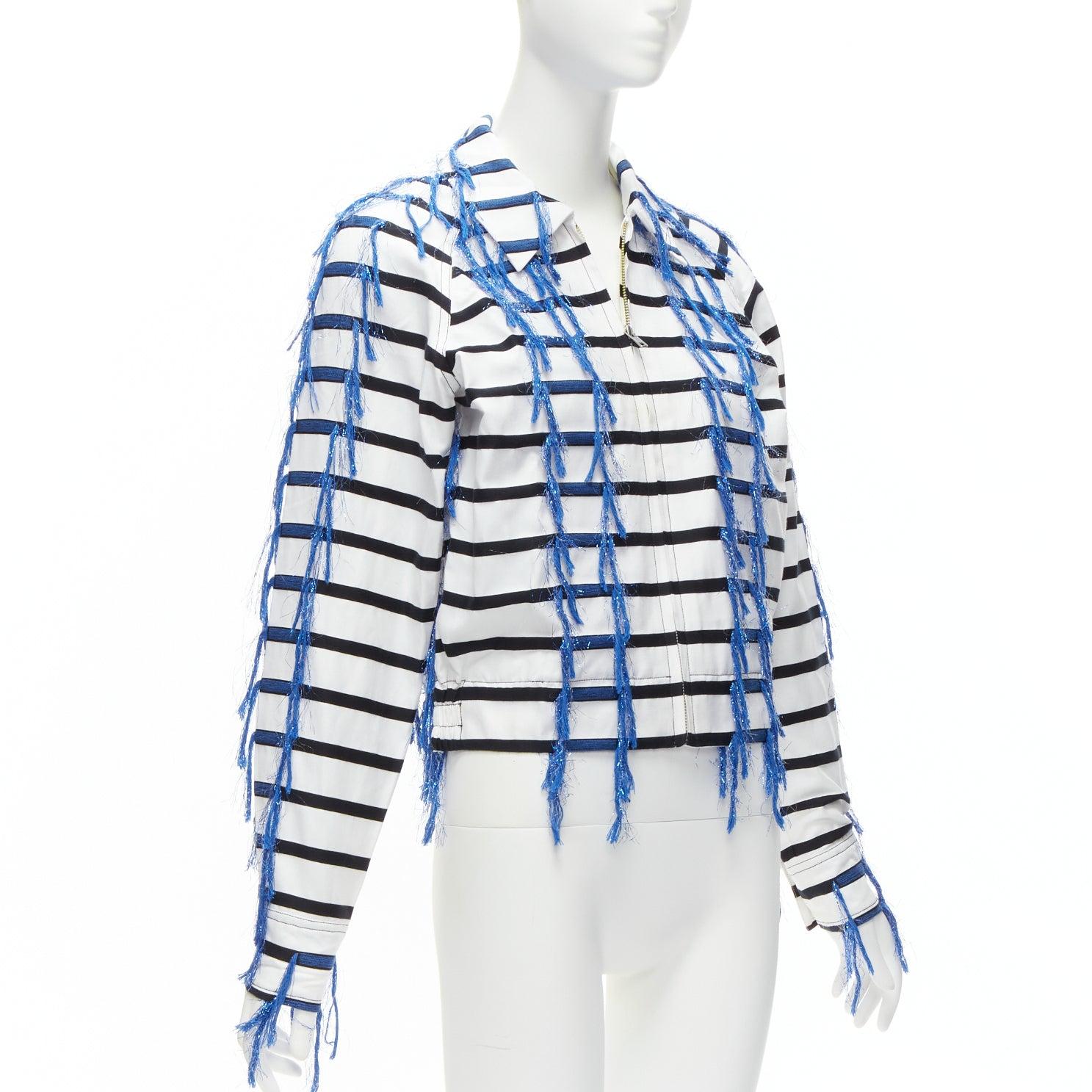 ANAIS JOURDEN blue white black striped tassel trim raglan cropped jacket FR36 S In Excellent Condition For Sale In Hong Kong, NT