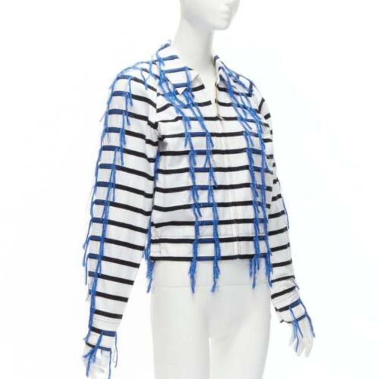 ANAIS JOURDEN giacca cropped raglan a righe blu bianche nere con nappe FR36 S In condizioni ottime in vendita a Hong Kong, NT