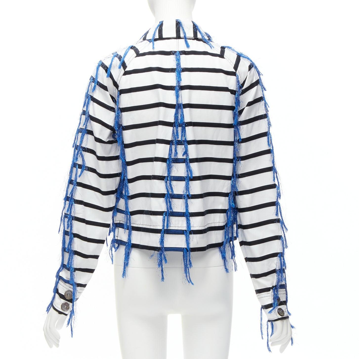 ANAIS JOURDEN blue white black striped tassel trim raglan cropped jacket FR36 S For Sale 1