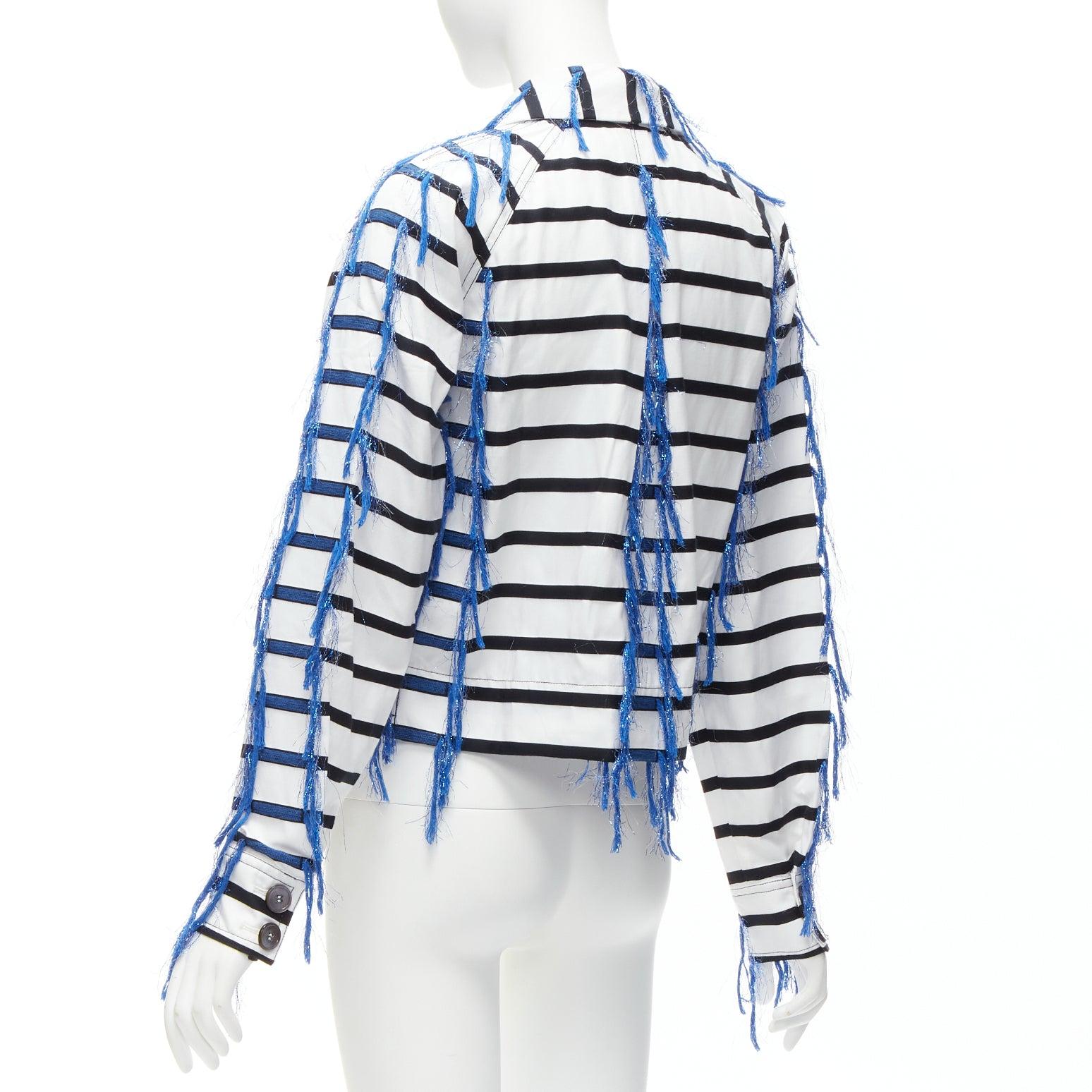 ANAIS JOURDEN blue white black striped tassel trim raglan cropped jacket FR36 S For Sale 2