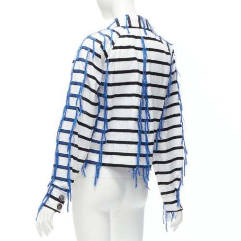 ANAIS JOURDEN giacca cropped raglan a righe blu bianche nere con nappe FR36 S in vendita 2