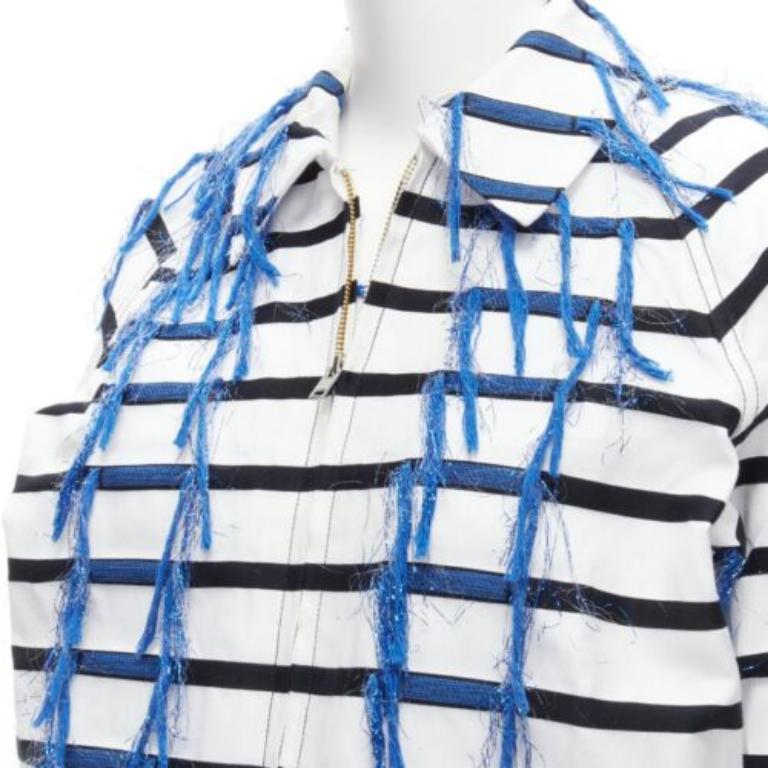 ANAIS JOURDEN giacca cropped raglan a righe blu bianche nere con nappe FR36 S in vendita 3