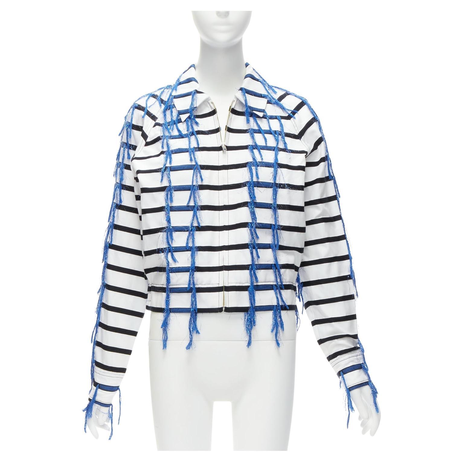 ANAIS JOURDEN blue white black striped tassel trim raglan cropped jacket FR36 S For Sale