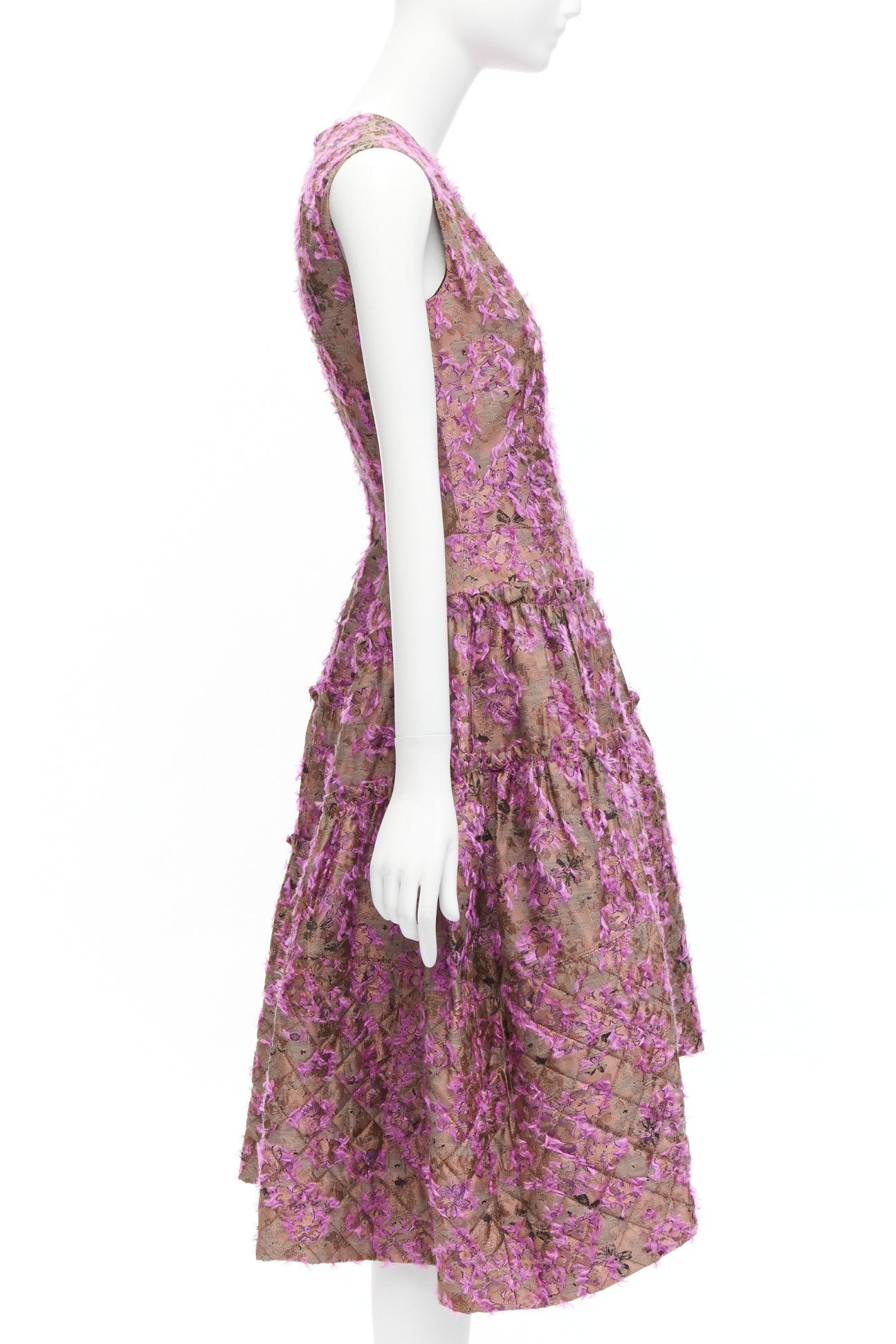 Women's ANAIS JOURDEN brown floral cloque jacquard dropped waist flared dress FR38 M For Sale