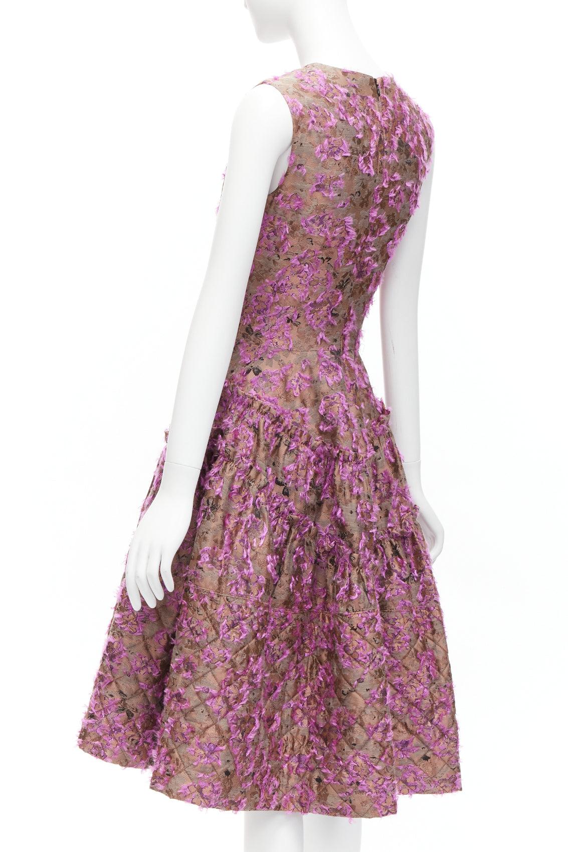 ANAIS JOURDEN brown floral cloque jacquard dropped waist flared dress FR38 M For Sale 2