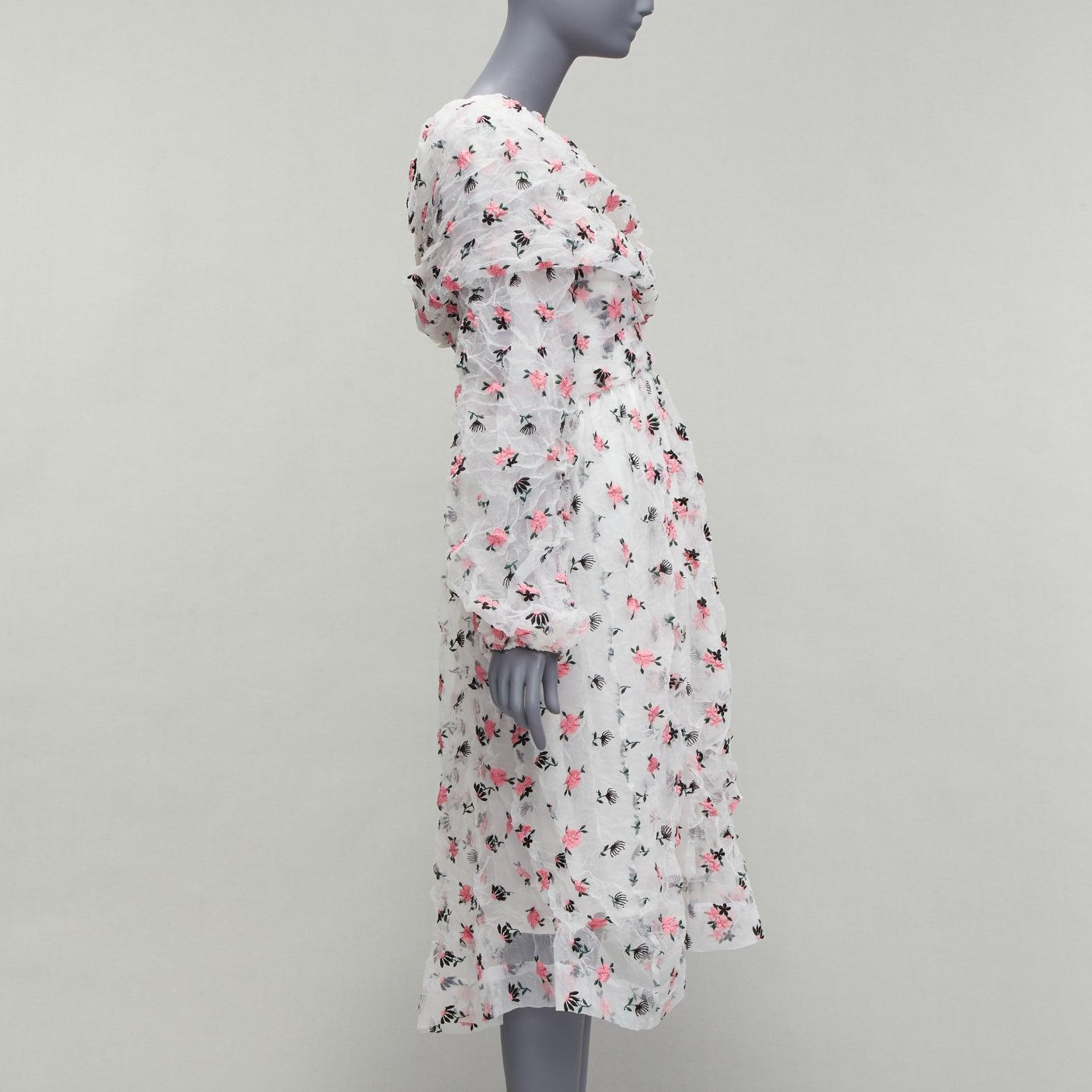 ANAIS JOURDEN crinkle floral embroidery asymmetric sleeves midi dress FR38 M In Good Condition For Sale In Hong Kong, NT