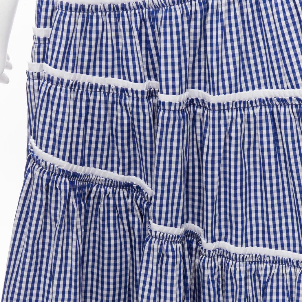 new ANAIS JOURDEN blue white gingham print tiered ruffle seam high waist maxi skirt FR36 S
Reference: BSHW/A00038
Brand: Anais Jourden
Material: Cotton
Color: White, Blue
Pattern: Gingham
Closure: Zip
Extra Details: Side zip and hook eye fly.
Made