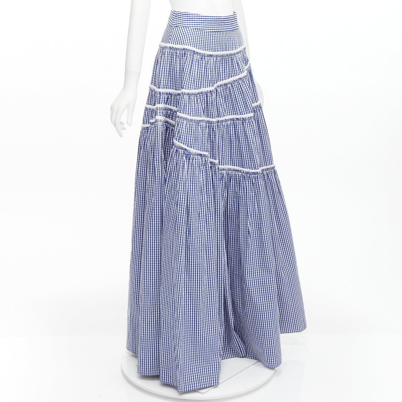 Purple ANAIS JOURDEN Gingham print tiered ruffle seam high waist maxi skirt FR36 S For Sale