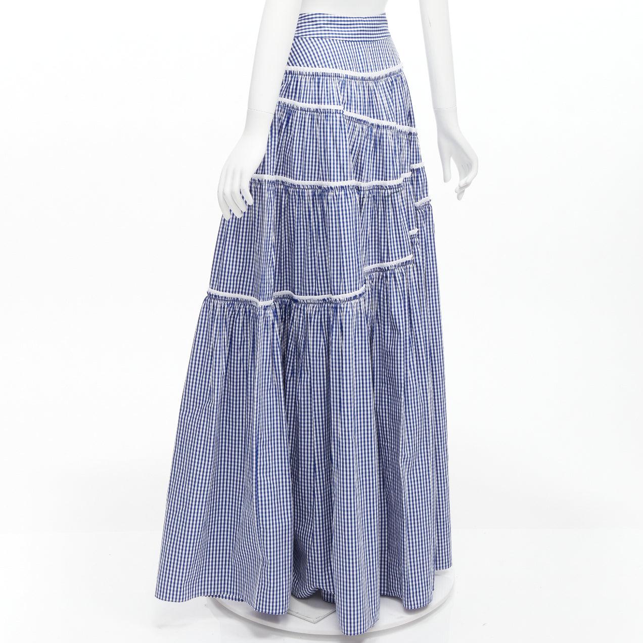 ANAIS JOURDEN Gingham print tiered ruffle seam high waist maxi skirt FR36 S For Sale 1