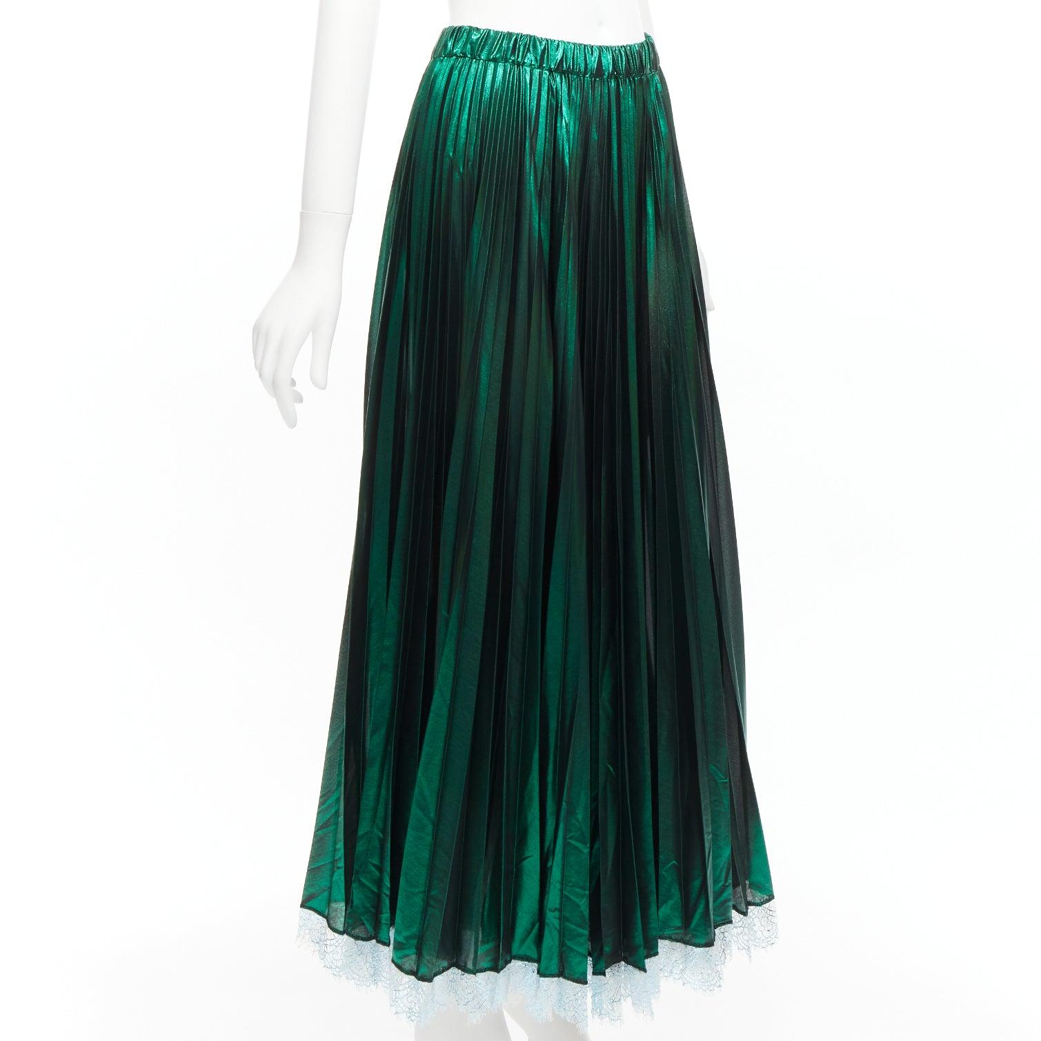 Black ANAIS JOURDEN metallic green lurex blue lace trim plisse pleated skirt FR38 M For Sale