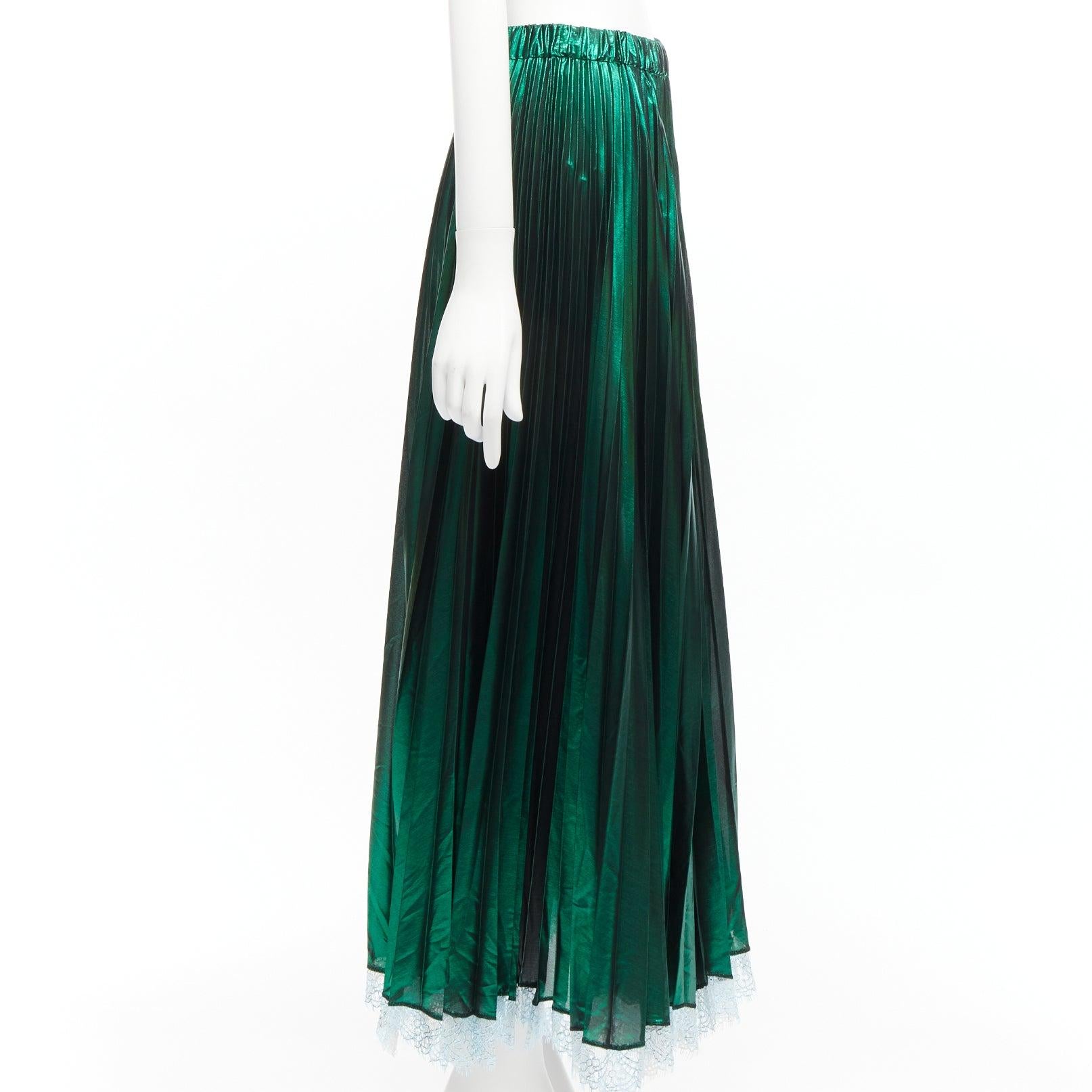 ANAIS JOURDEN metallic green lurex blue lace trim plisse pleated skirt FR38 M In Excellent Condition For Sale In Hong Kong, NT