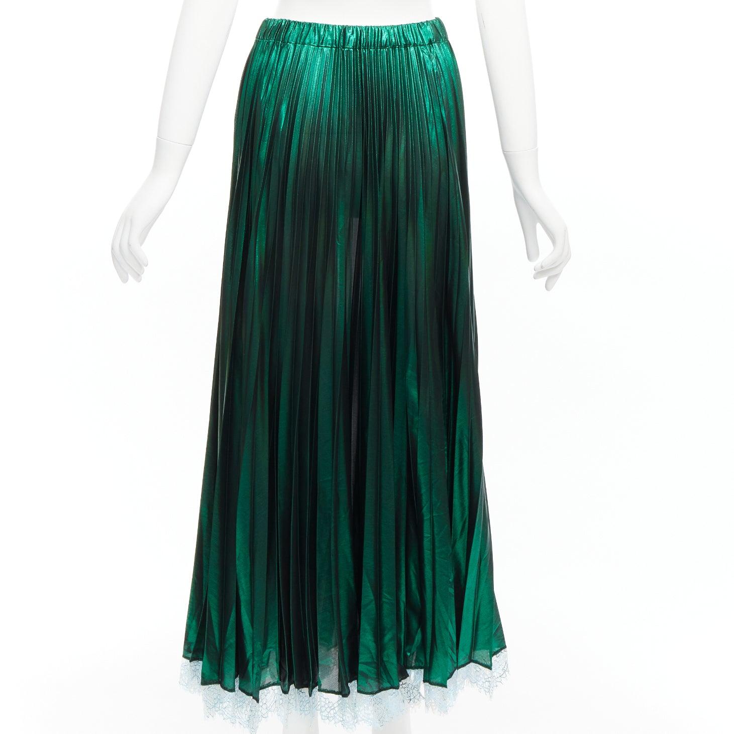 Women's ANAIS JOURDEN metallic green lurex blue lace trim plisse pleated skirt FR38 M For Sale
