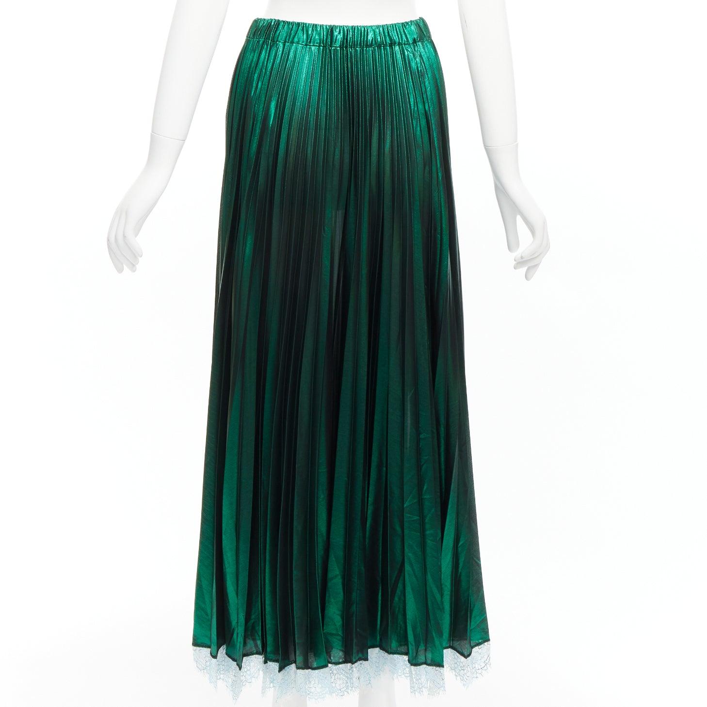 ANAIS JOURDEN metallic green lurex blue lace trim plisse pleated skirt FR38 M For Sale 1