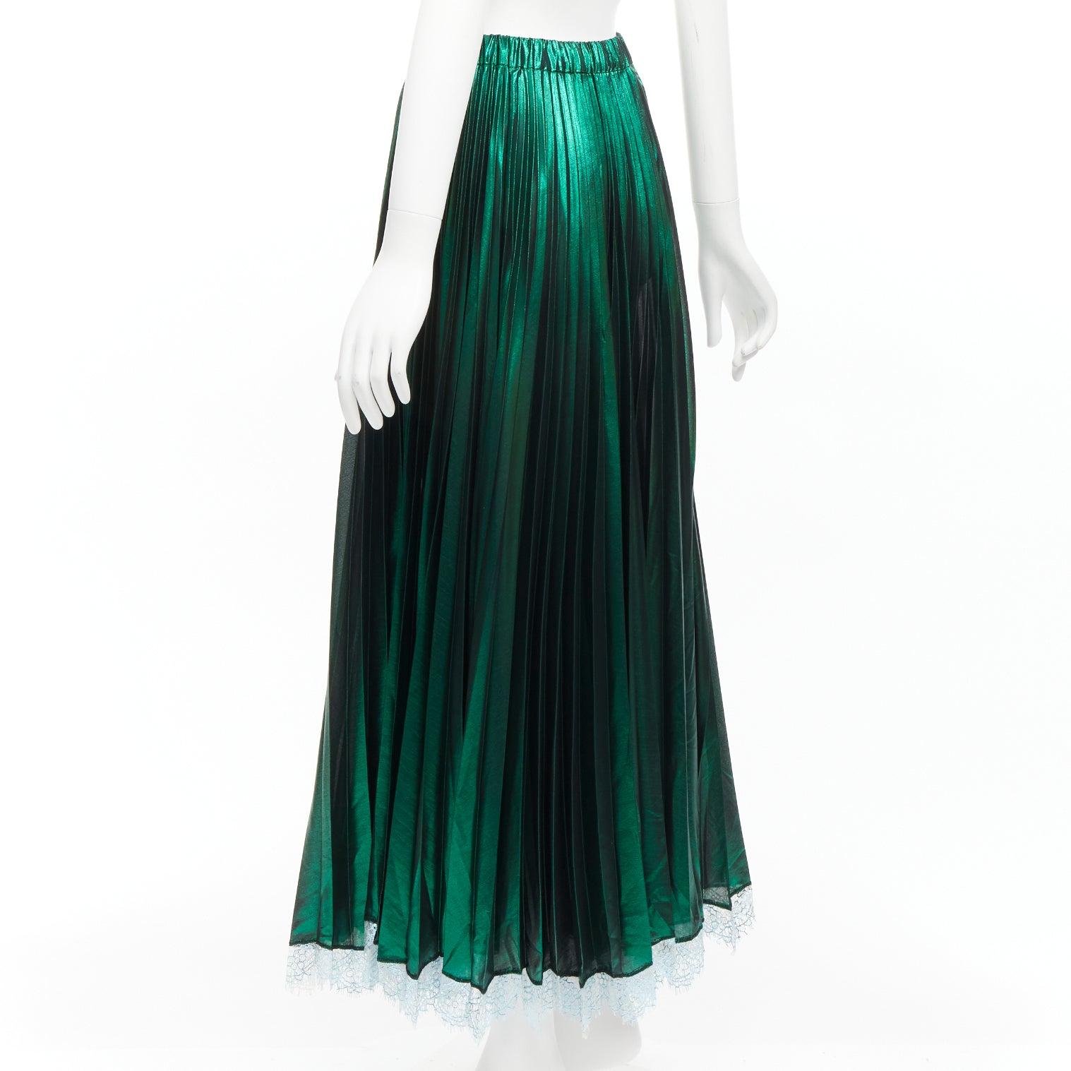 ANAIS JOURDEN metallic green lurex blue lace trim plisse pleated skirt FR38 M For Sale 2