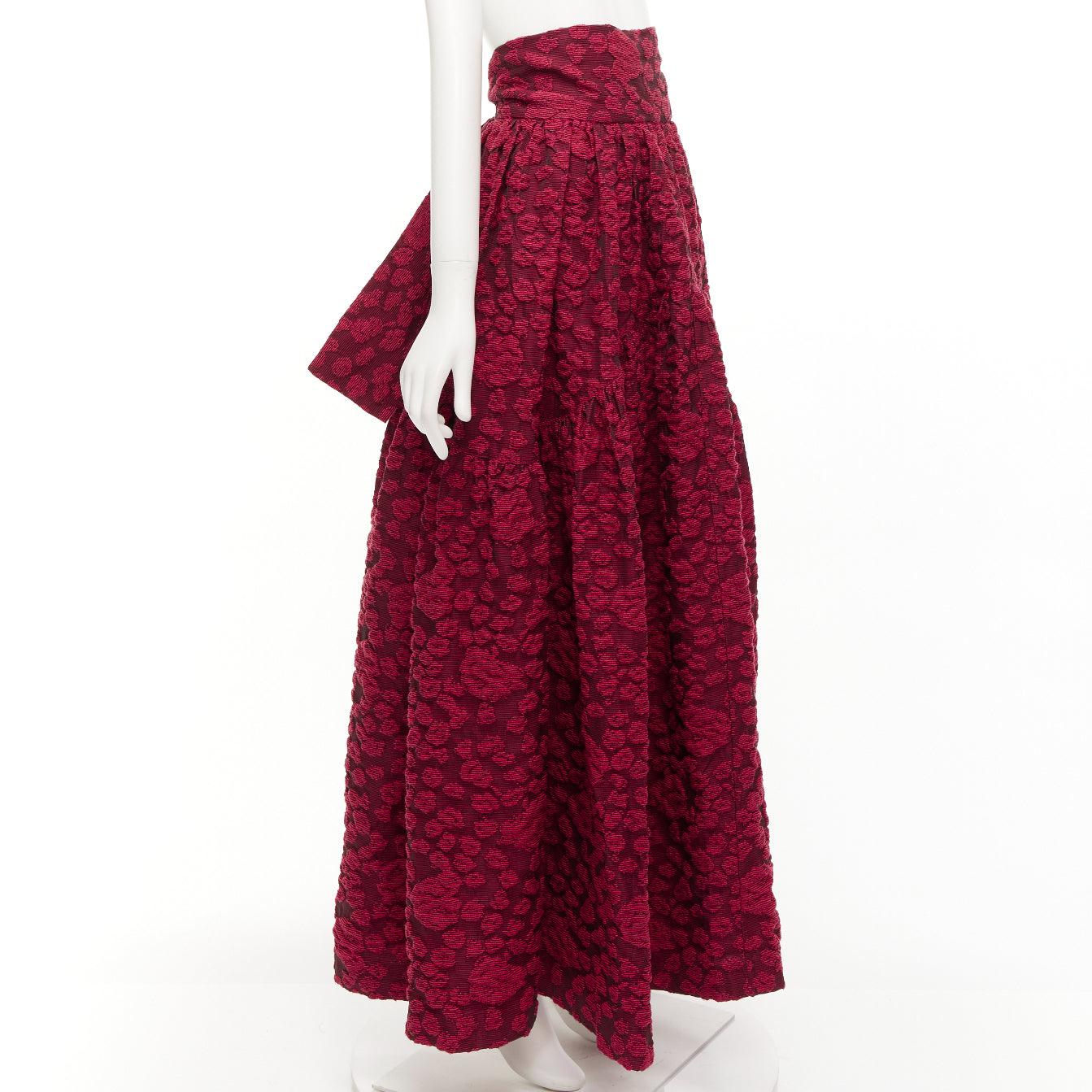 ANAIS JOURDEN red cotton blend floral 3D jacquard tie full gown skirt FR36 S In Excellent Condition In Hong Kong, NT
