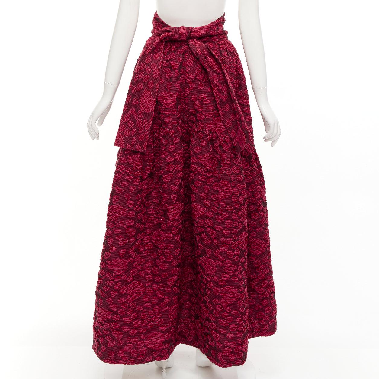 Women's ANAIS JOURDEN red cotton blend floral 3D jacquard tie full gown skirt FR36 S For Sale
