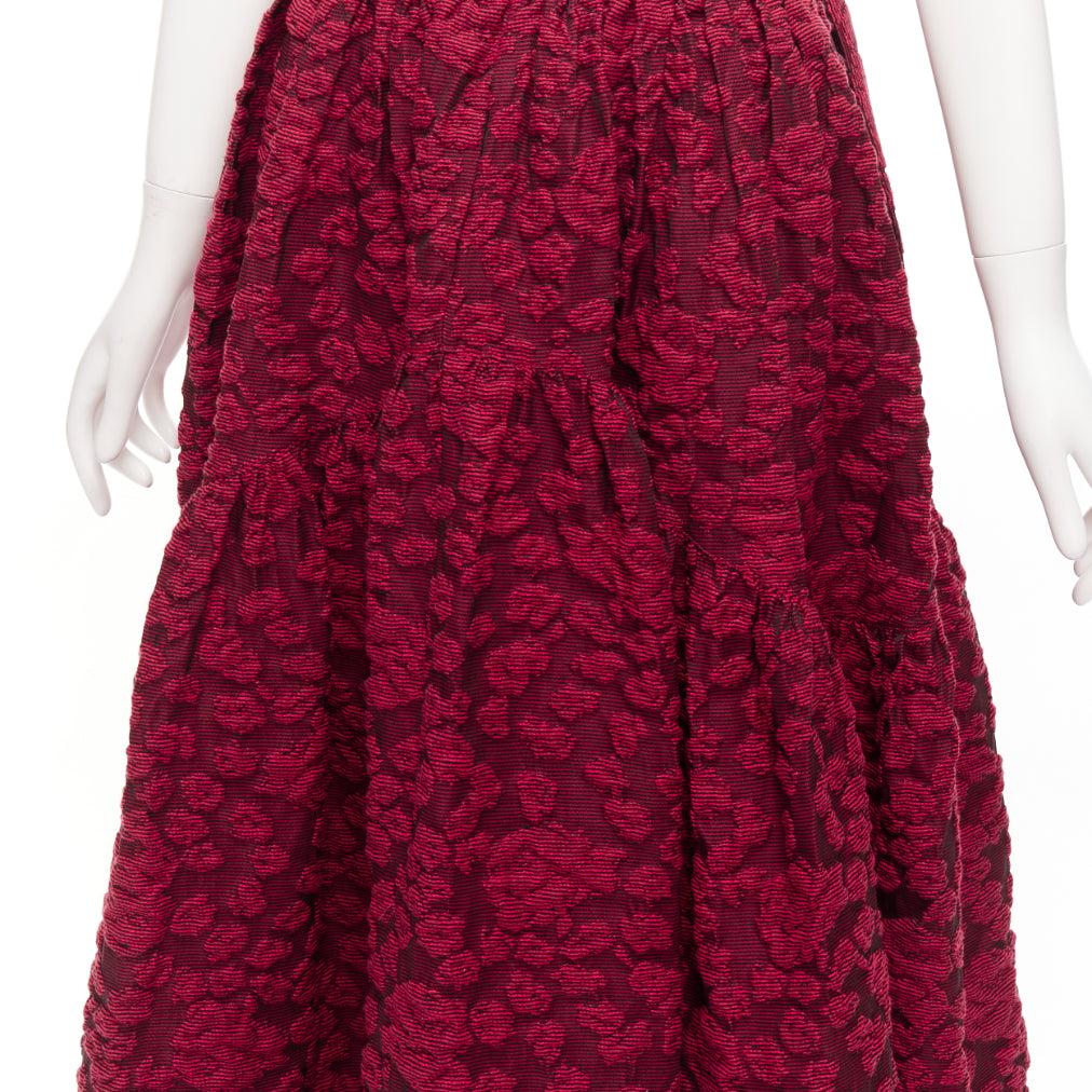 ANAIS JOURDEN red cotton blend floral 3D jacquard tie full gown skirt FR36 S 3