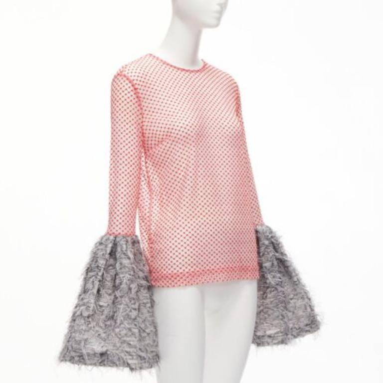 ANAIS JOURDEN top acampanado con puños de plumas de malla gris rojo blanco texturizado FR36 S Beige en venta
