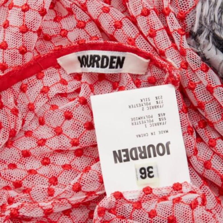 ANAIS JOURDEN top acampanado con puños de plumas de malla gris rojo blanco texturizado FR36 S en venta 3