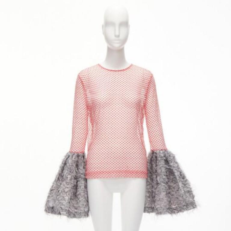 ANAIS JOURDEN top acampanado con puños de plumas de malla gris rojo blanco texturizado FR36 S en venta 4