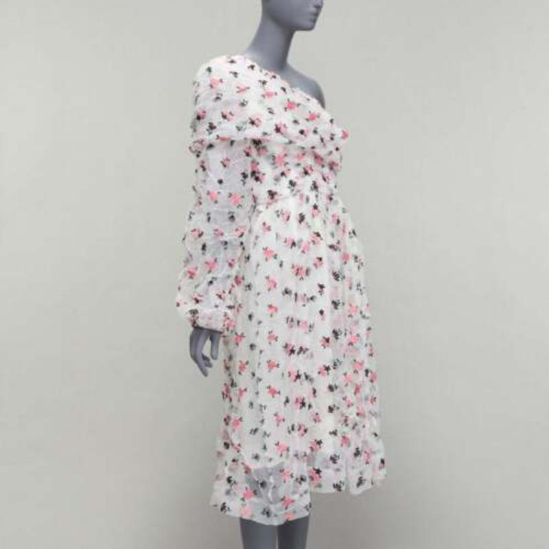 Gray ANAIS JOURDEN white pink crinkle floral embroidery asymmetric sleeves dress FR38 For Sale